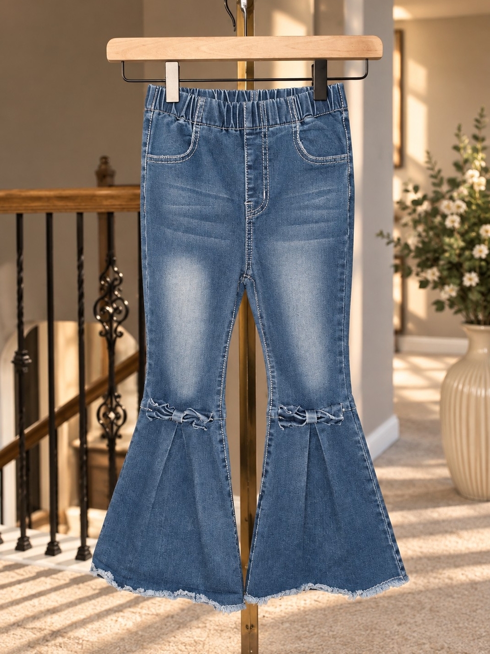 SHEIN Blue Girls' Flared Jeans with Knee Bow